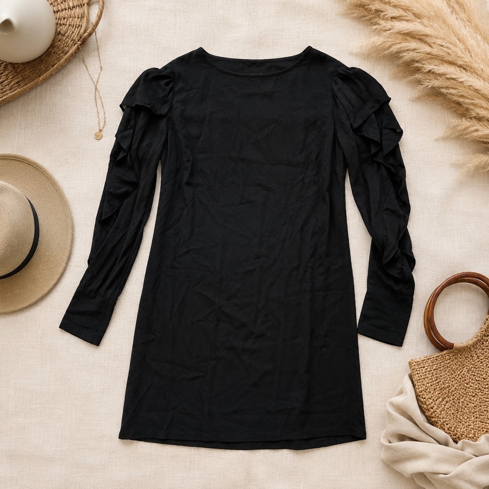 ST Studio Ruffle Sleeve Shift Dress Womens 40 Black Viscose Mini Cocktail LBD